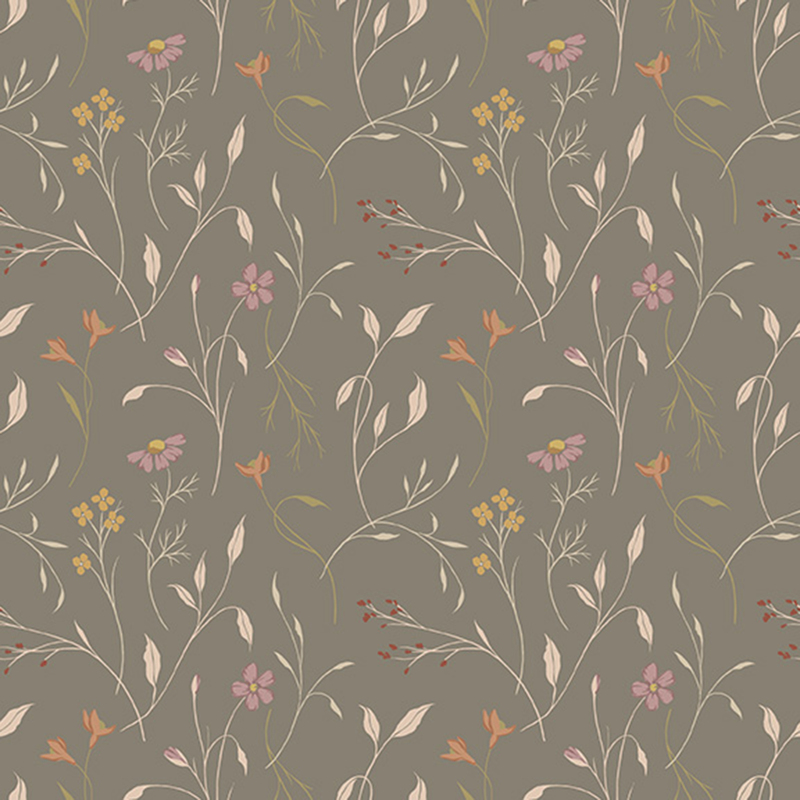 Warm gray fabric with sprawling flower stems and multicolored flowers.