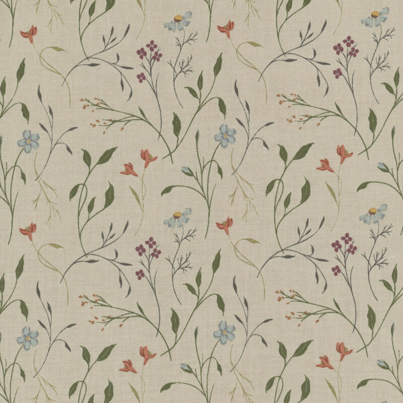 Taupe fabric with sprawling flower stems and multicolored flowers.