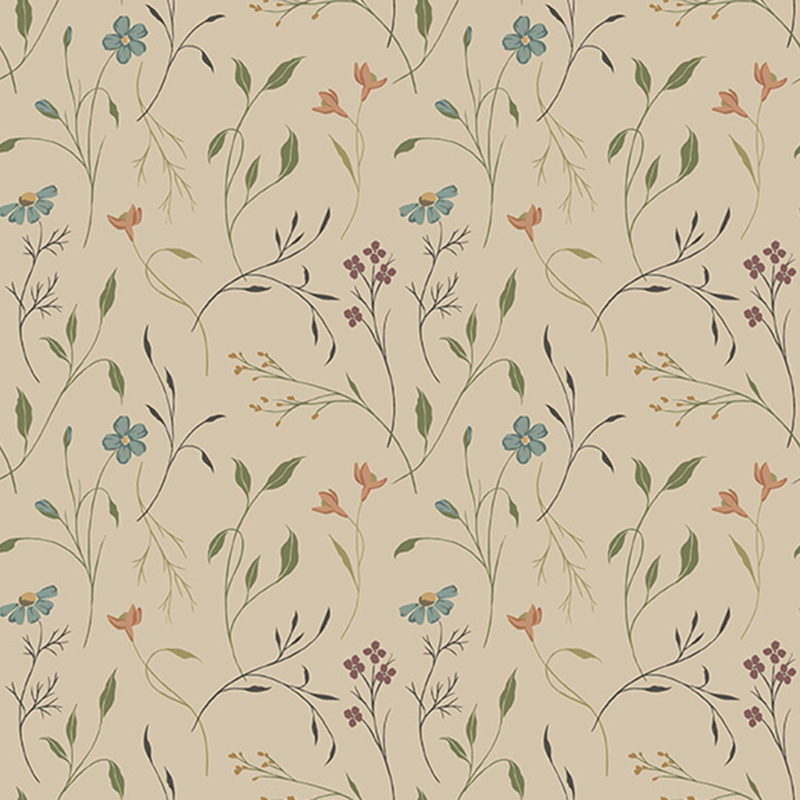 Taupe fabric with sprawling flower stems and multicolored flowers.