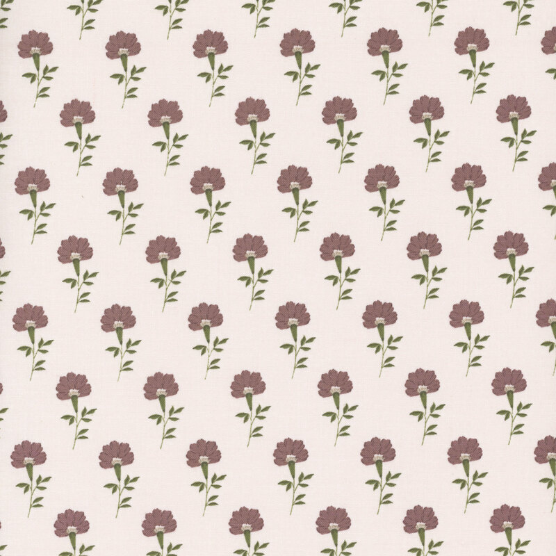 Cream fabric with neat rows of blooming purple flowers.