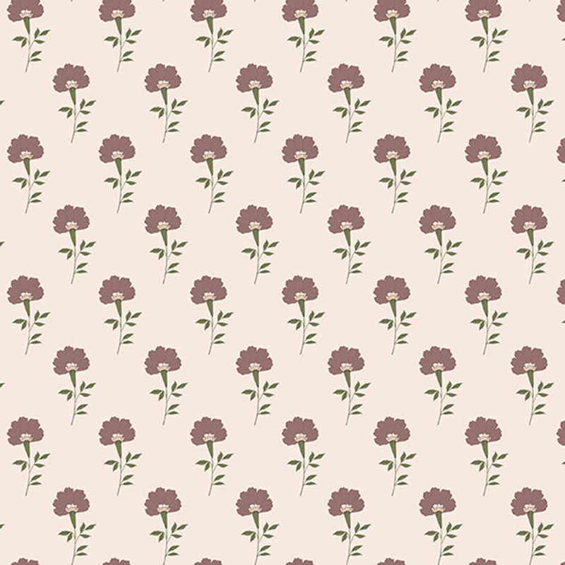 Cream fabric with neat rows of blooming purple flowers.