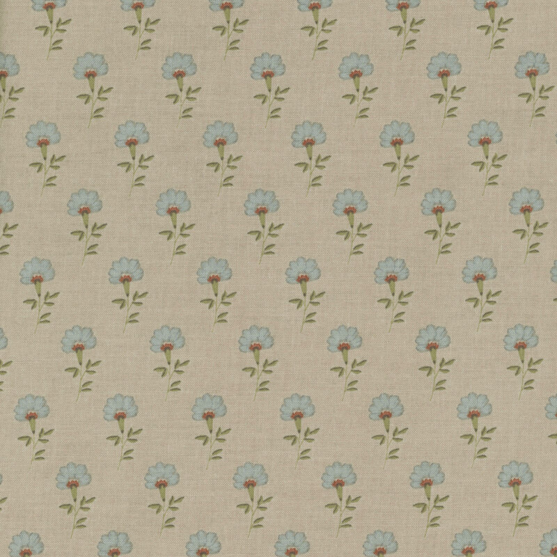 Taupe fabric with neat rows of blooming blue flowers.