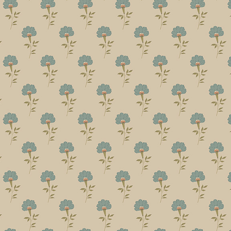 Taupe fabric with neat rows of blooming blue flowers.