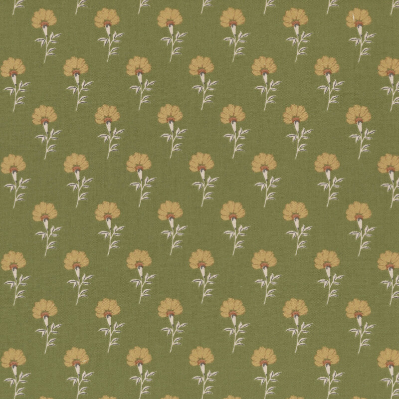 Green fabric with neat rows of blooming yellow flowers.