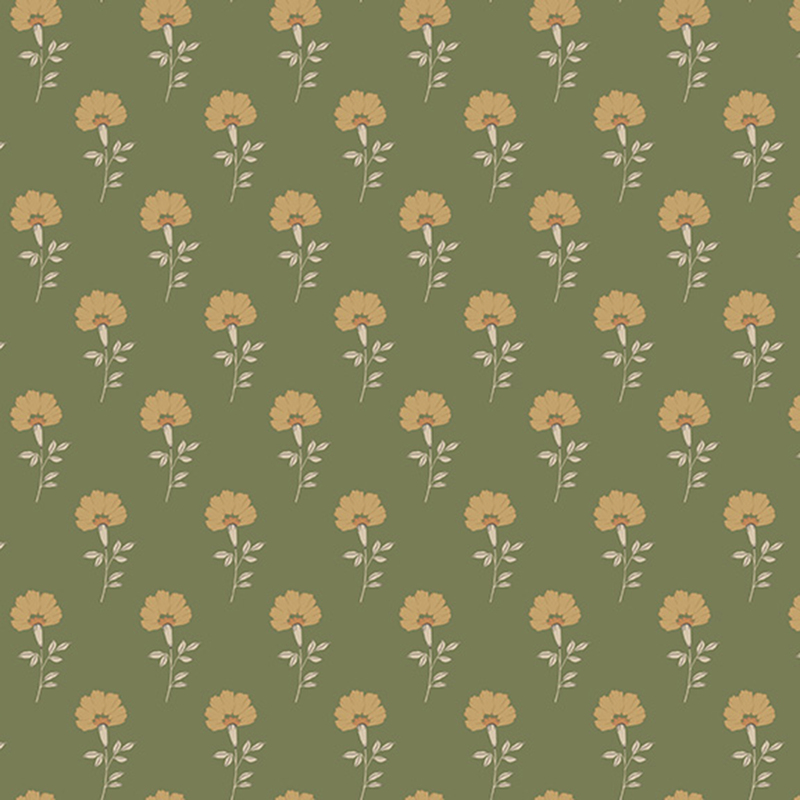 Green fabric with neat rows of blooming yellow flowers.