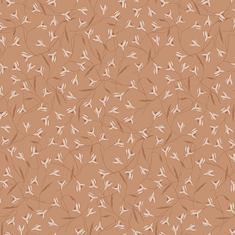 Terracotta brown fabric with overlapping snowdrop flowers.