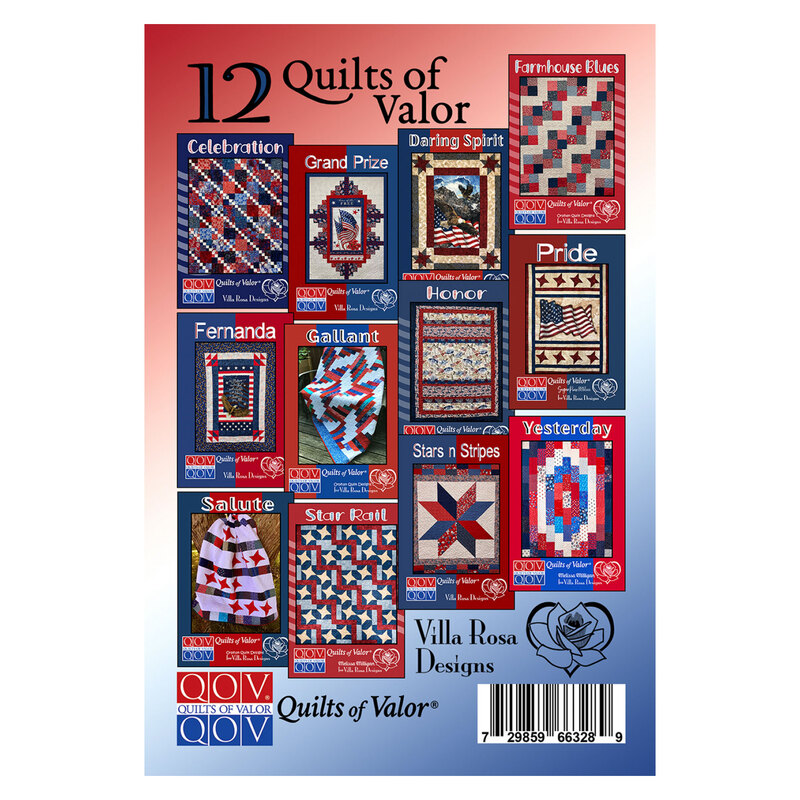 Front of the set of patterns featuring all 12 designs on a red, white, and blue gradient background.