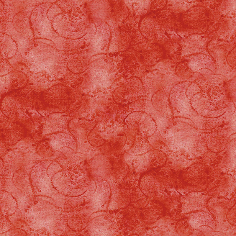 Berry red fabric with tonal mottling and swirling designs.