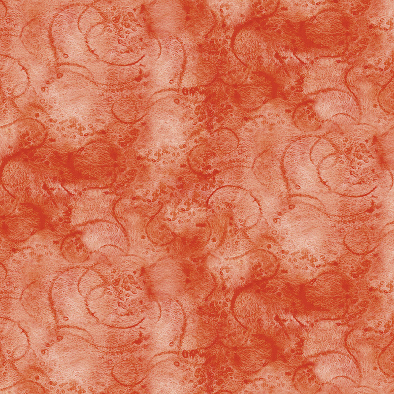 Orange fabric with tonal mottling and swirling designs.