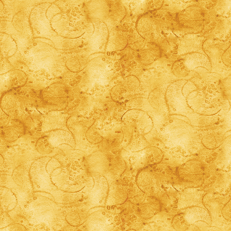 Yellow fabric with tonal mottling and swirling designs.