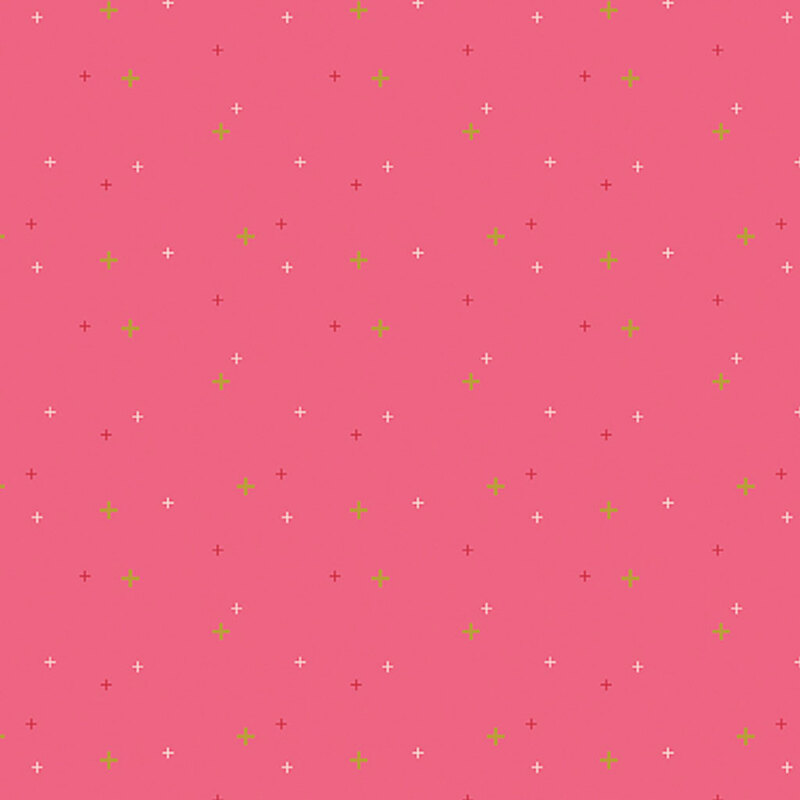 Raspberry pink fabric with multicolored plus signs.