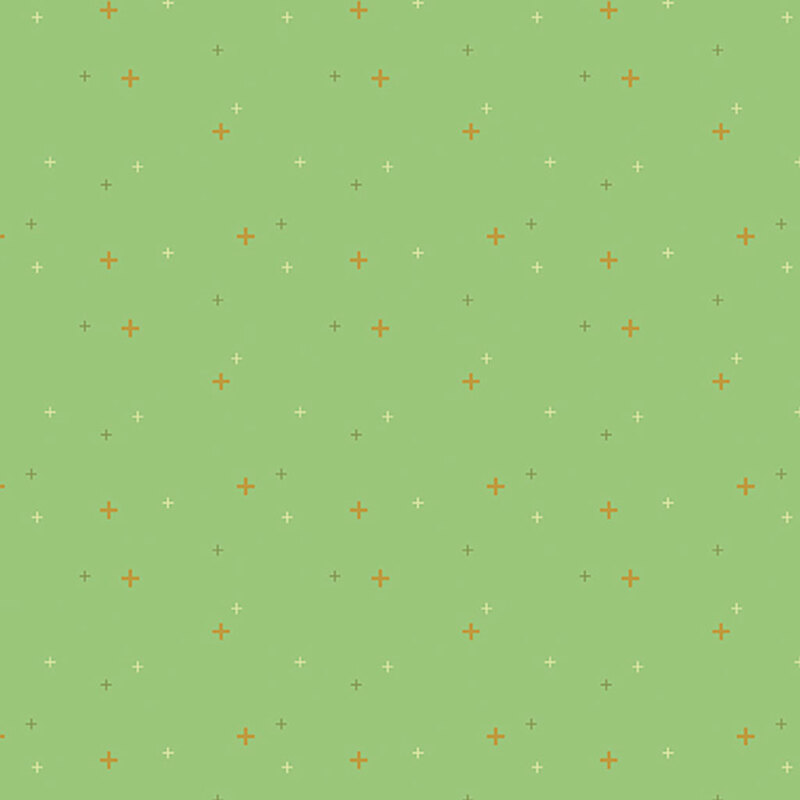 Light shamrock green fabric with multicolored plus signs.