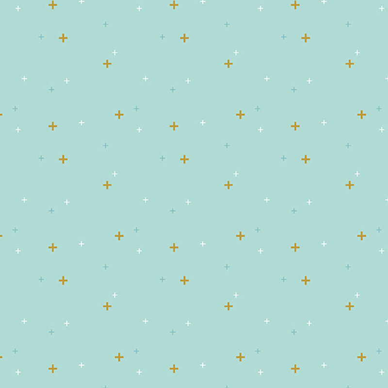 Robin's egg blue fabric with multicolored plus signs.