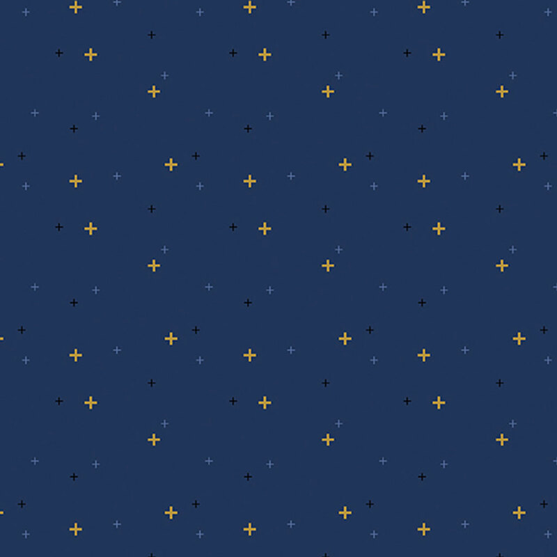 Navy fabric with multicolored plus signs.