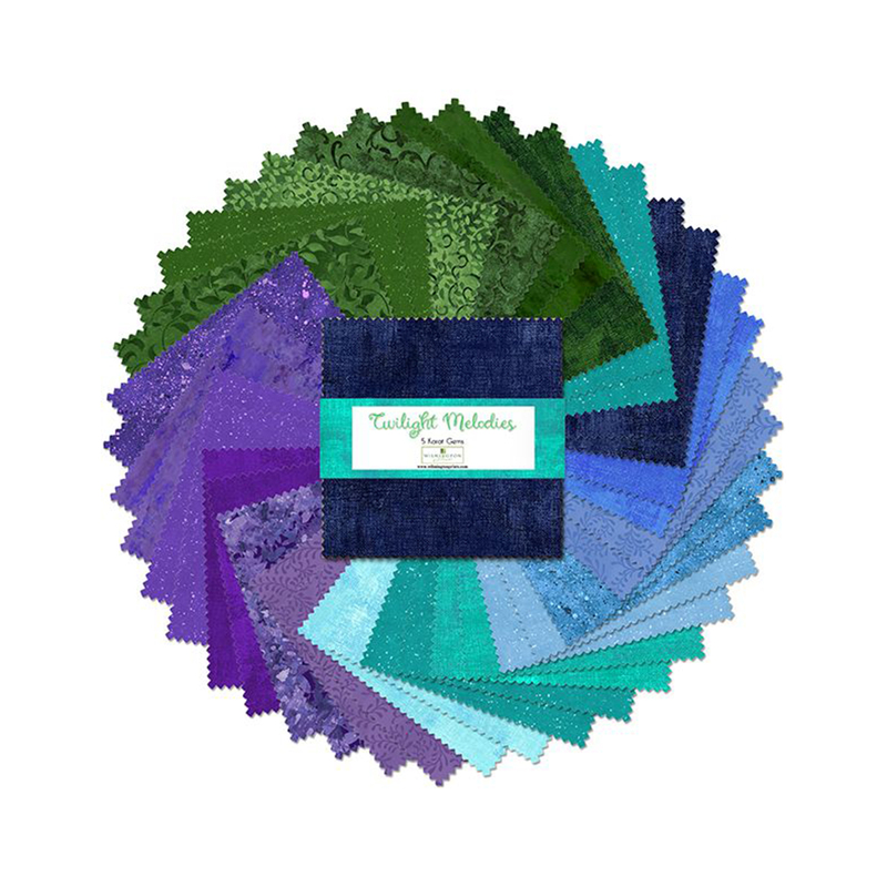 A fanned out collage of the aqua, blue, purple and green fabrics included in the Twilight Melodies 5 Karat Gems set.