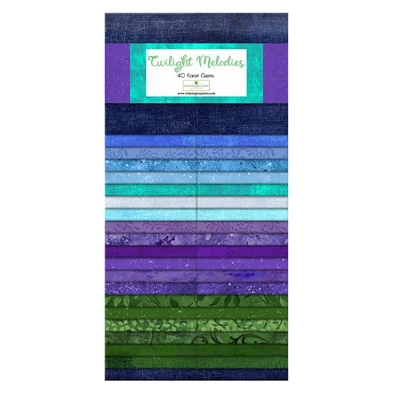 vertical fabric strips of aqua, blue, green, and purple tonal floral patterns