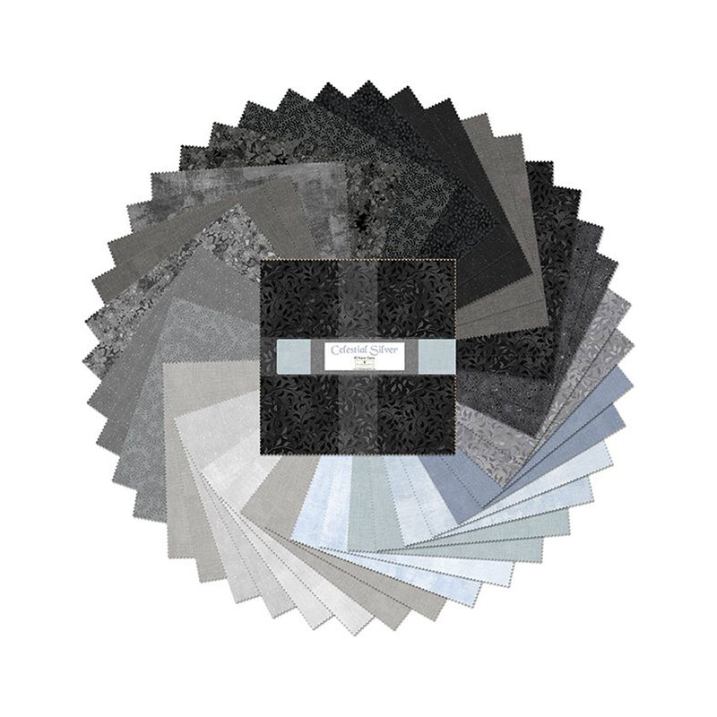 A circular arrangement of black, gray, and silver fabric squares 