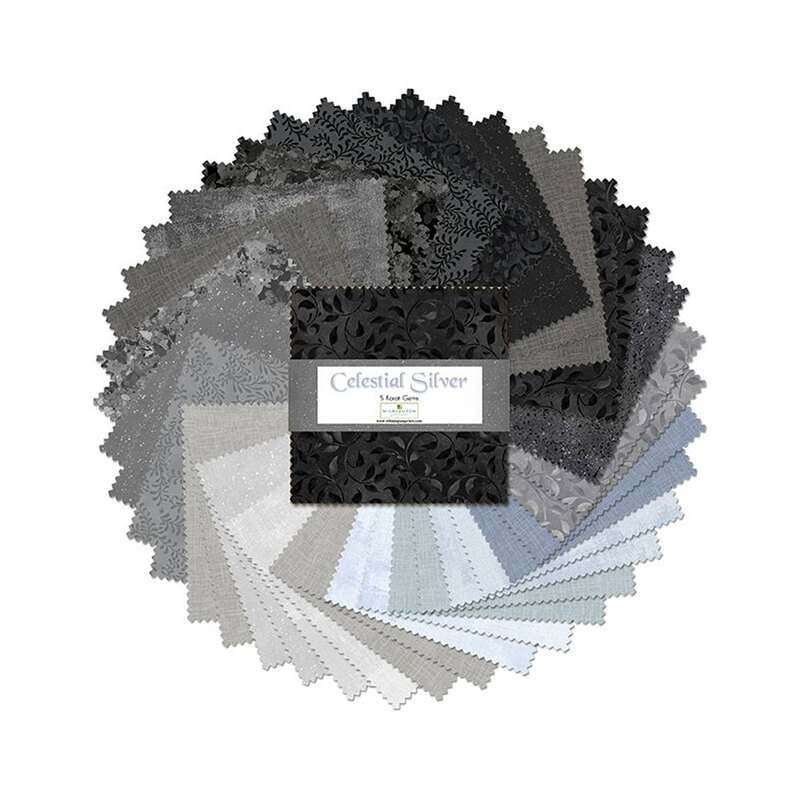 A fanned out collage of the black, gray and silver fabrics included in the Celestial Silver 5 Karat Gems set.