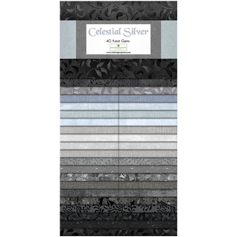 vertical fabric strips of black, gray, and silver tonal floral patterns