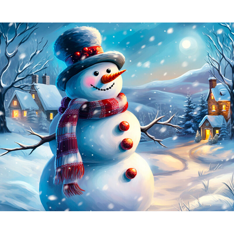 A cheerful snowman with a top hat and scarf stands in a snowy landscape near cozy cottages.