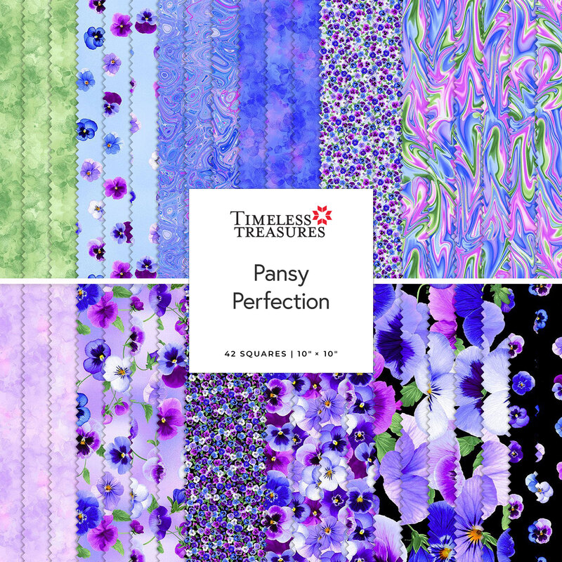 A fabric collection titled Pansy Perfection featuring 42 colorful squares with floral patterns in purple and blue.