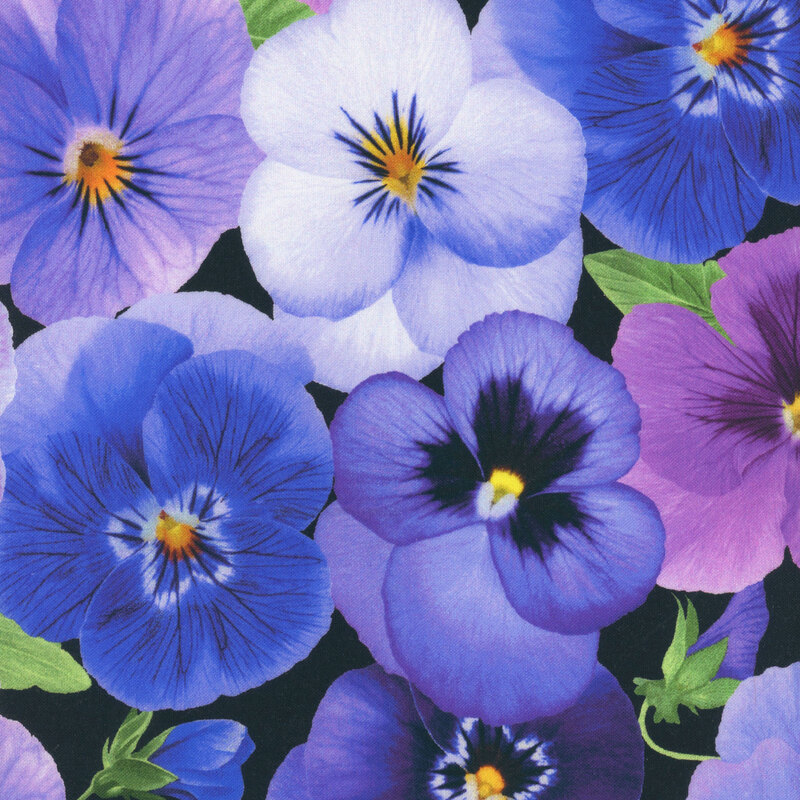 fabric pattern of large purple florals scattered all over a black background