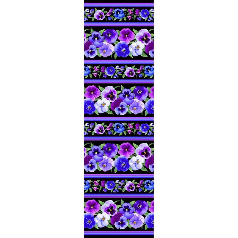 fabric pattern of purple border stripes with florals in between 