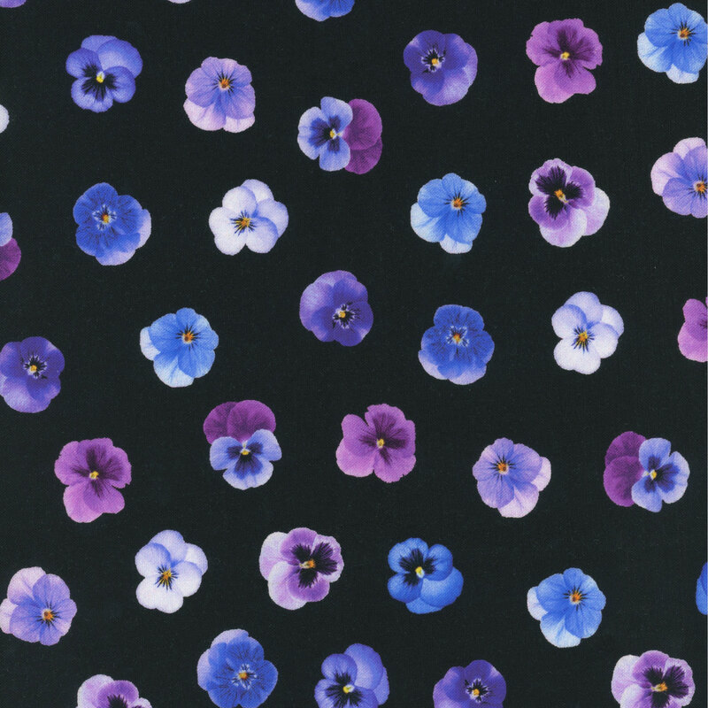 fabric pattern of small purple flowers evenly spaced on a black background