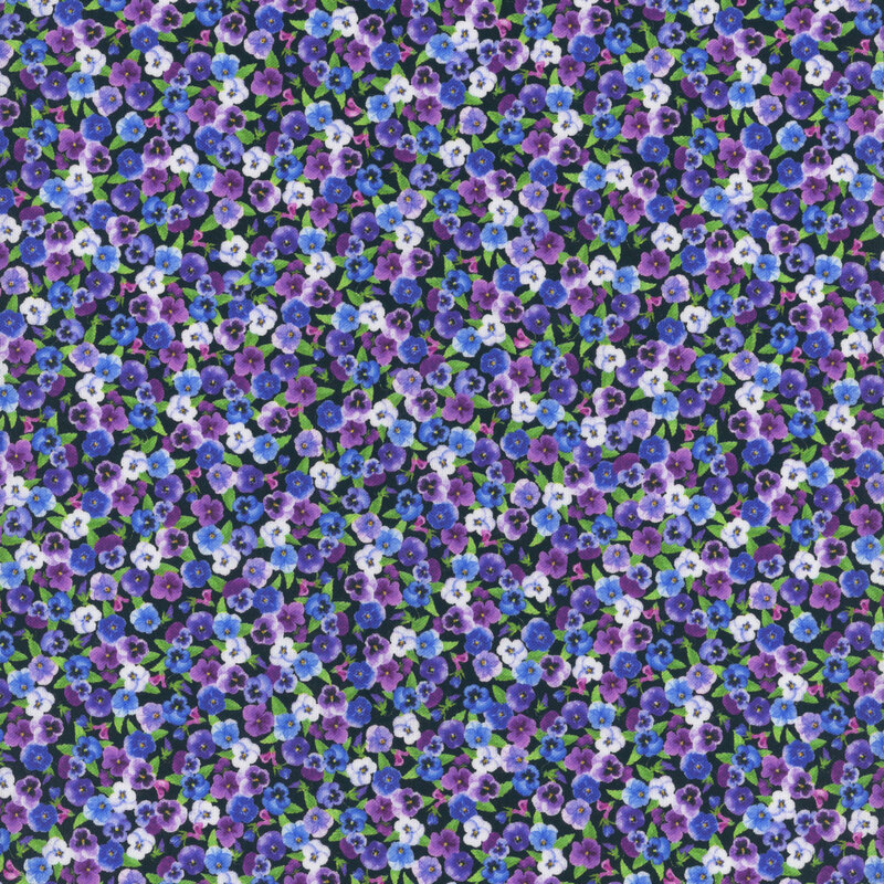 fabric pattern of small purple florals scattered all over a black background