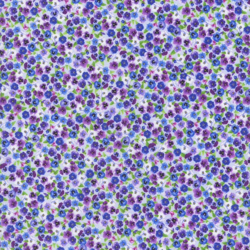 fabric pattern of small purple florals scattered all over a white background