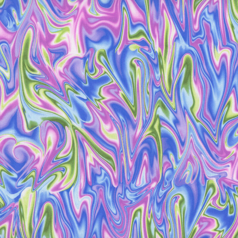 fabric pattern of marbled colors of purple, blue, and green 