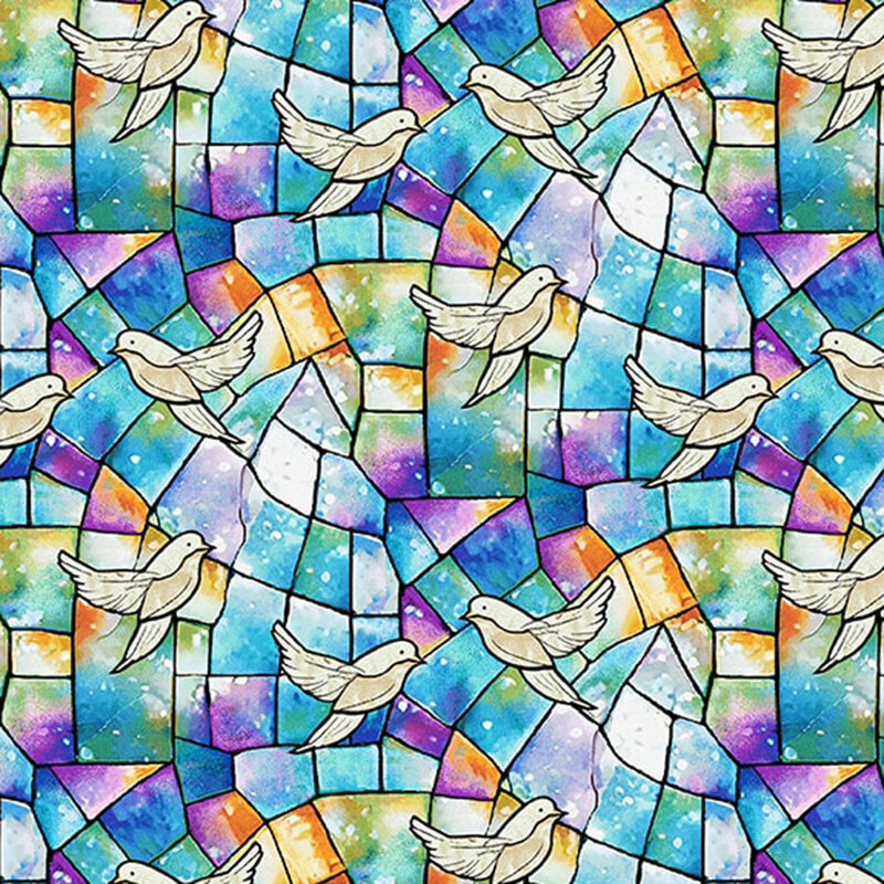 Colorful stained glass pattern featuring white doves against vibrant blue, orange, and purple tiles.