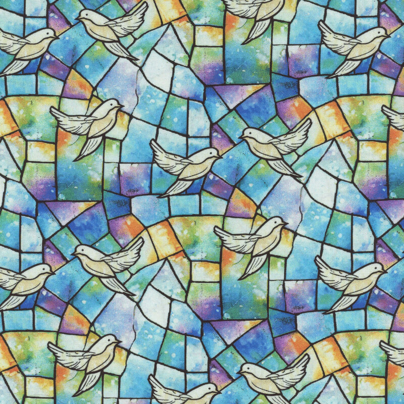 Colorful stained glass pattern featuring white doves against vibrant blue, orange, and purple tiles.