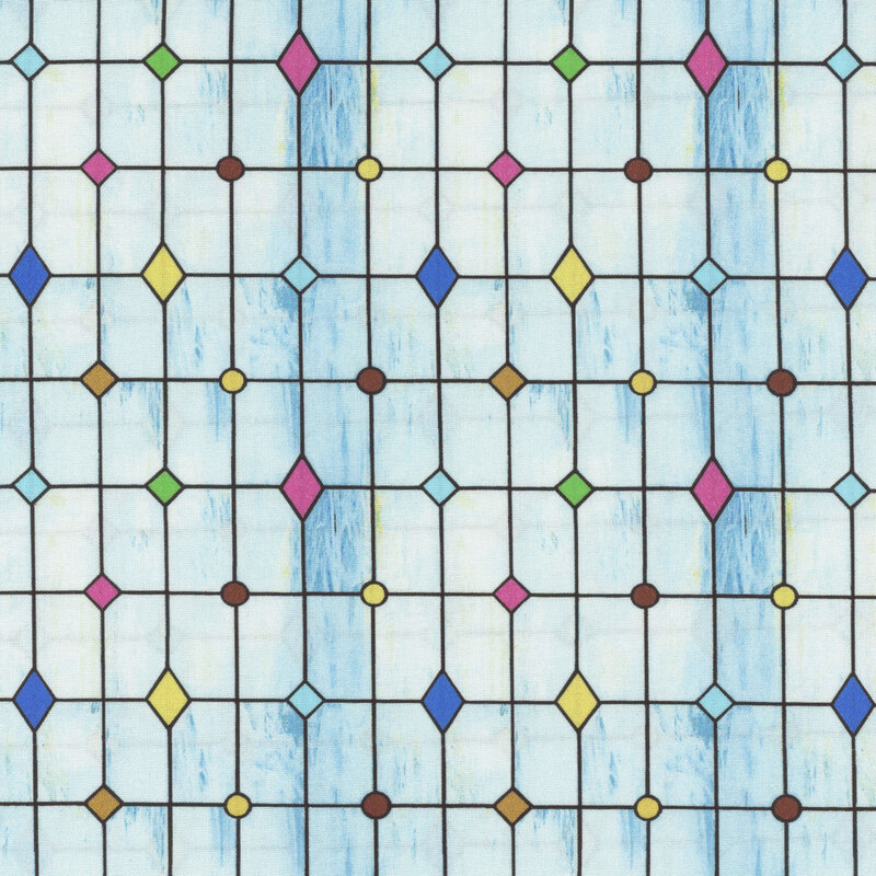 Geometric pattern of colored diamonds and circles on a light blue textured background.