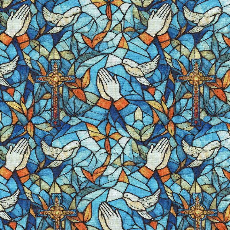 Colorful stained glass pattern featuring praying hands, doves, and crosses amidst blue and orange foliage.