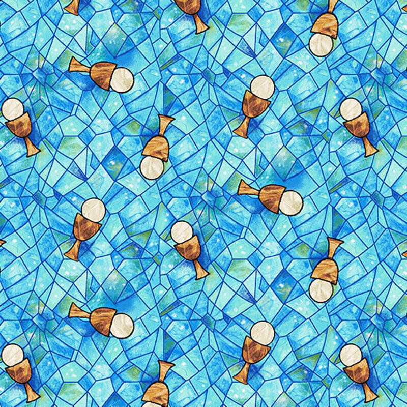 Pattern of ditsy chalices against a blue, stained glass-like background with geometric shapes.