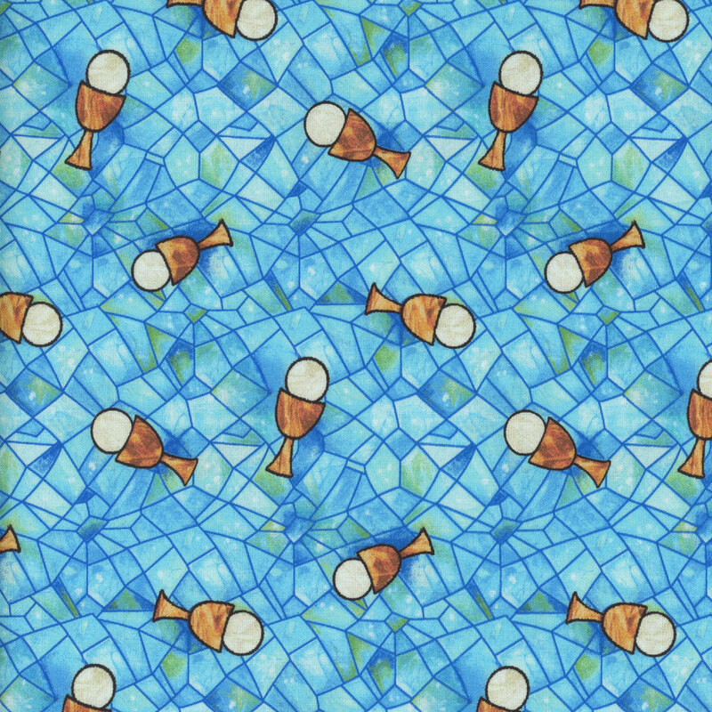 Pattern of ditsy chalices against a blue, stained glass-like background with geometric shapes.