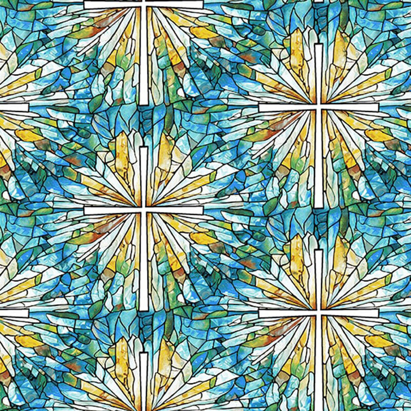 A vibrant stained glass pattern featuring a radiant design in blue, yellow, and white hues.