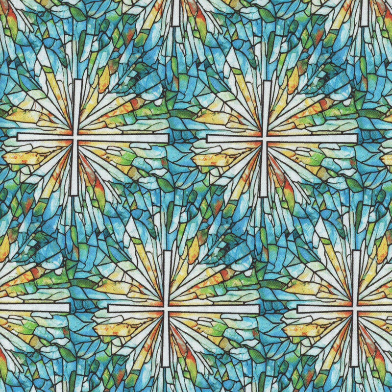 A vibrant stained glass pattern featuring a radiant design in blue, yellow, and white hues.
