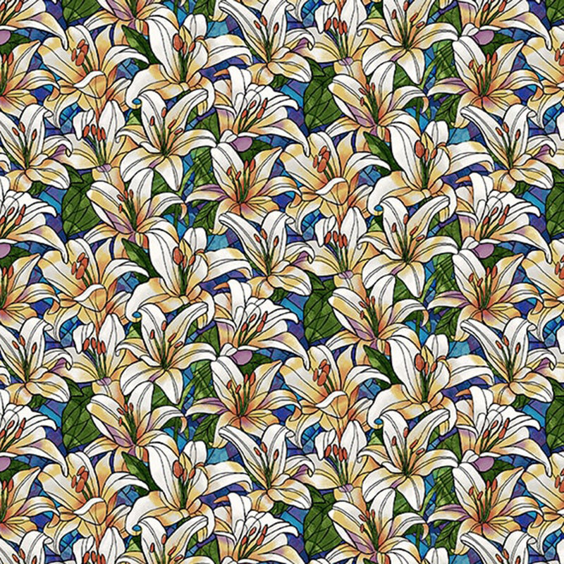 A vibrant pattern of white lilies and green leaves against a colorful backdrop.