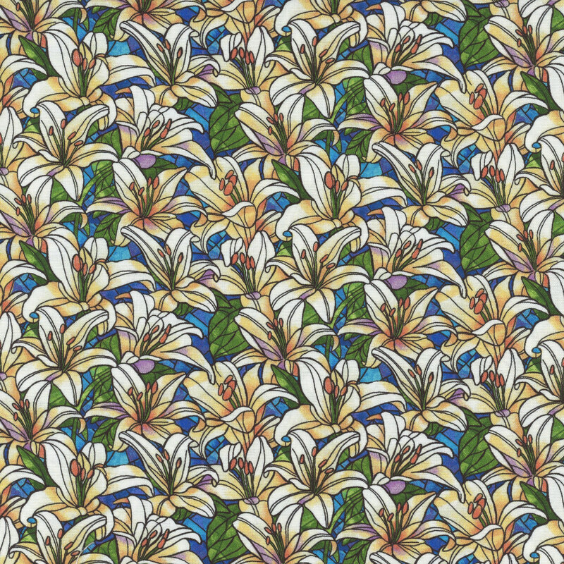 A vibrant pattern of white lilies and green leaves against a colorful backdrop.
