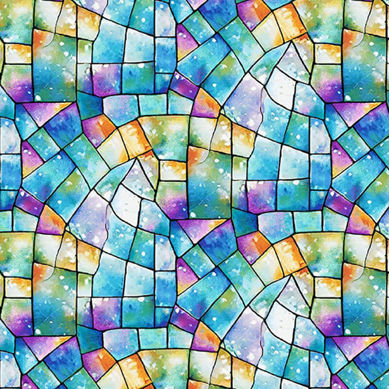 Colorful stained glass pattern featuring blue, green, purple, and orange hues in abstract shapes.