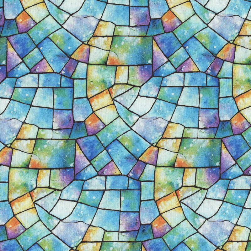 Colorful stained glass pattern featuring blue, green, purple, and orange hues in abstract shapes.