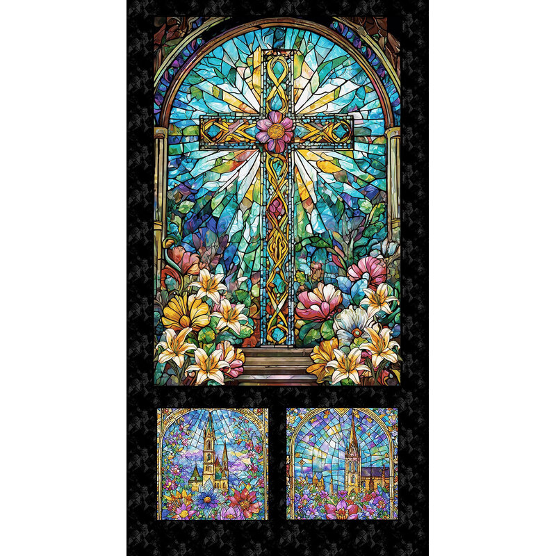 A colorful stained glass window featuring a cross, surrounded by flowers and two smaller panels below.