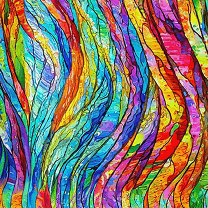 Vibrant abstract pattern of wavy lines in multiple colors, creating a dynamic, textured effect.