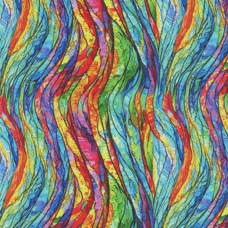 Vibrant abstract pattern of wavy lines in multiple colors, creating a dynamic, textured effect.