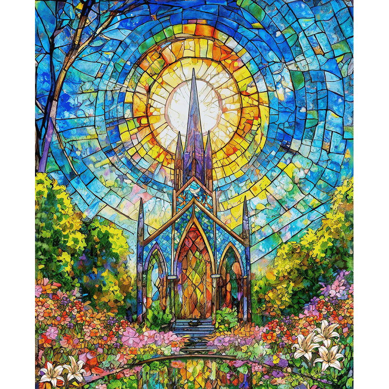 Vibrant stained glass window depicting a Gothic church surrounded by colorful flowers and greenery.