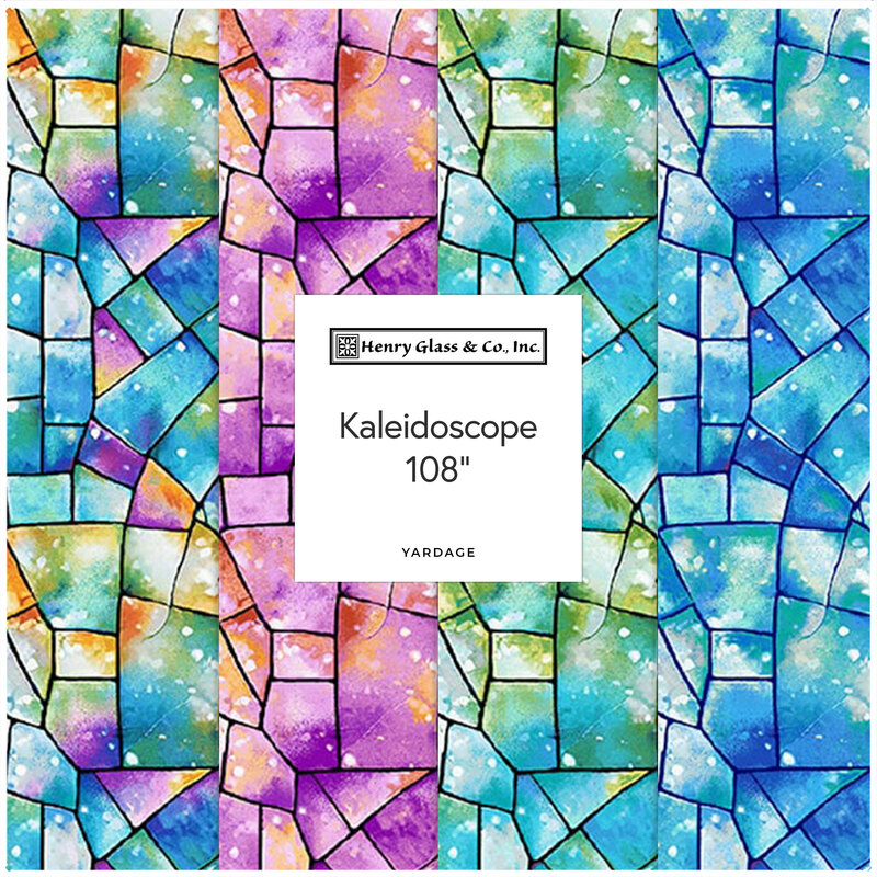 A collage of the stained glass kaleidoscope fabrics in the Kaleidoscope 108