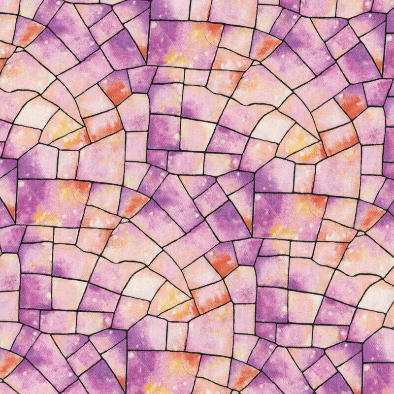 Purple and coral fabric with a stained glass kaleidoscope texture.