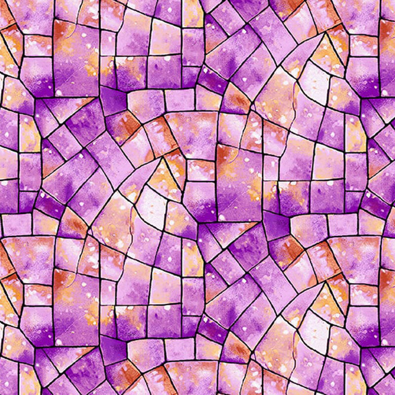 Purple and coral fabric with a stained glass kaleidoscope texture.